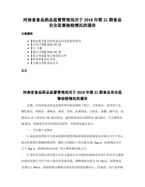 河南省食品药品监督管理局关于2018年第21期食品安全监督抽检情况的通告