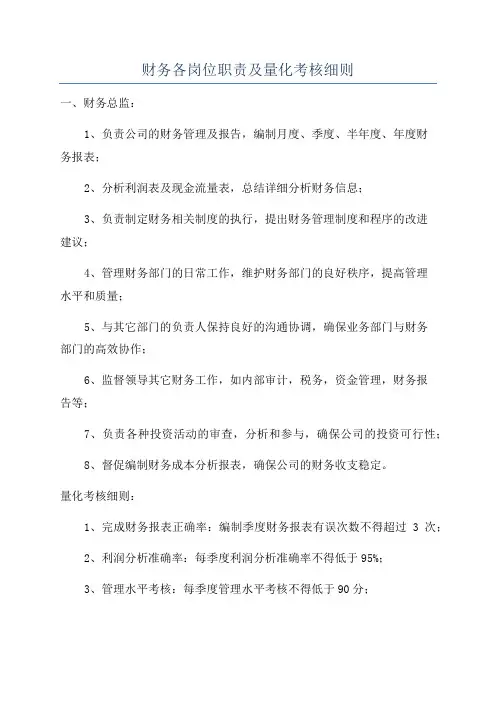 财务各岗位职责及量化考核细则