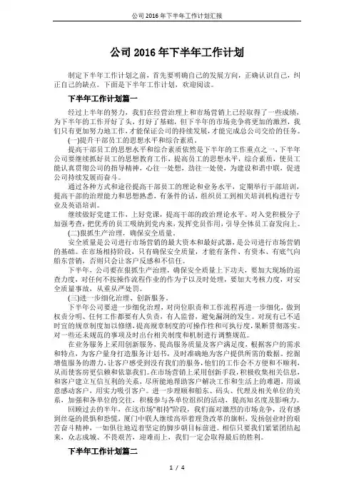 公司2016年下半年工作计划汇报