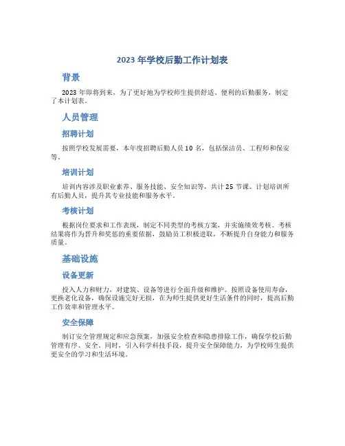 2023年学校后勤工作计划表