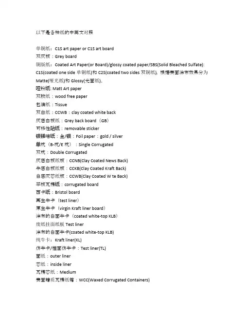 各种纸类中英对照