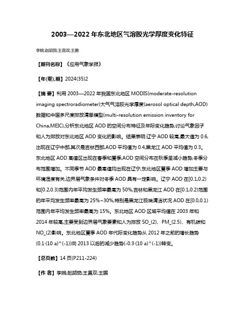 2003—2022年东北地区气溶胶光学厚度变化特征