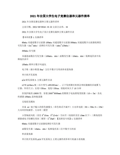 2021年全国大学生电子竞赛仪器和元器件清单