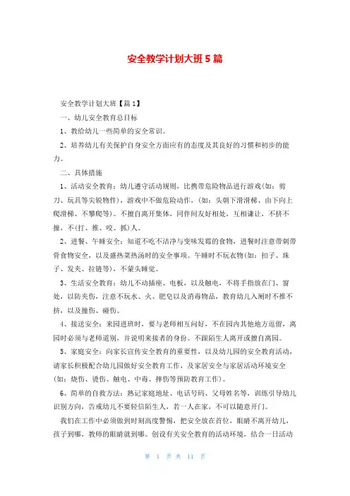 安全教学计划大班5篇