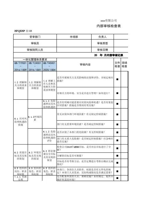 市场部内部审核检查表