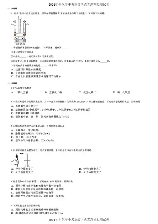 2024初中化学中考高频考点真题模拟测试卷 (4396)