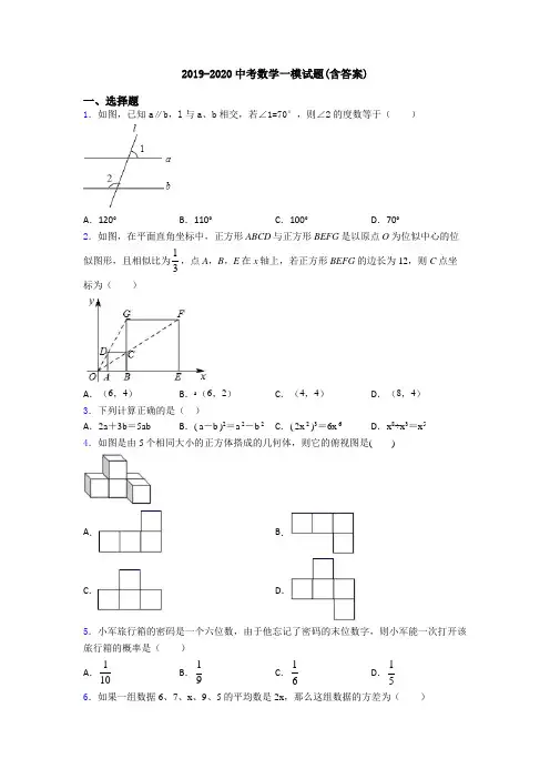2019-2020中考数学一模试题(含答案)