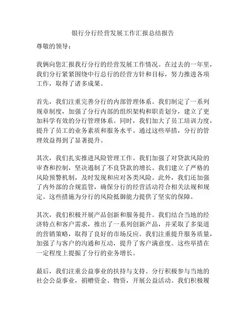 银行分行经营发展工作汇报总结报告