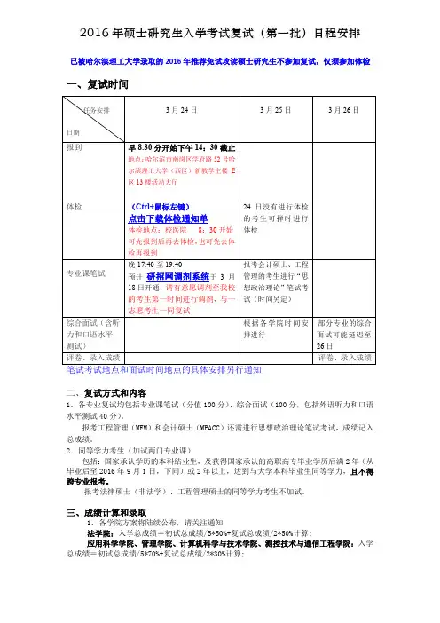 2016年士研究生入学考试复试(第一批)日程安排