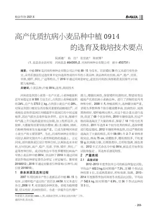 高产优质抗病小麦品种中植0914的选育及栽培技术要点