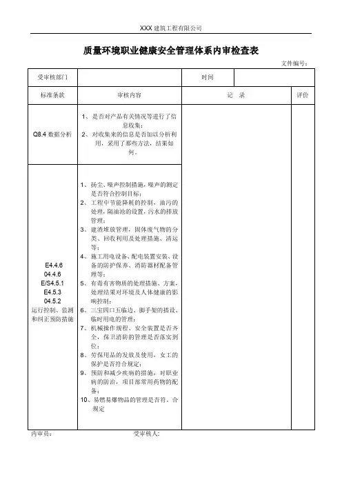 质量环境职业健康安全管理体系内检查表