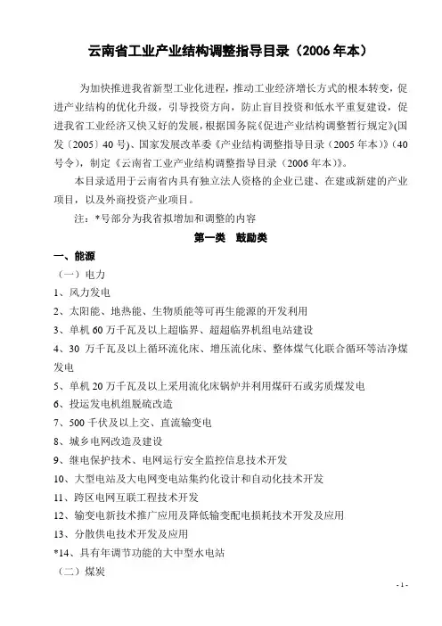 云南省工业产业结构调整指导目录2006讲解