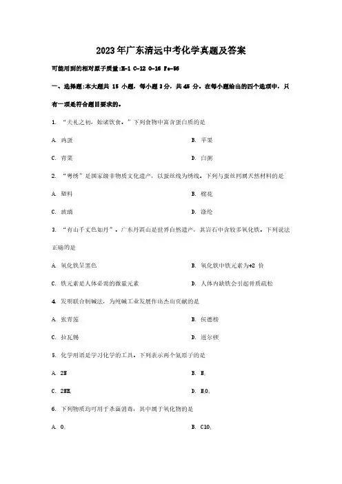 2023年广东清远中考化学真题及答案
