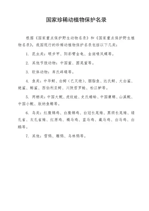 国家珍稀动植物保护名录