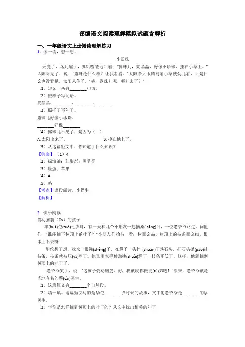 一年级部编语文阅读理解模拟试题含解析