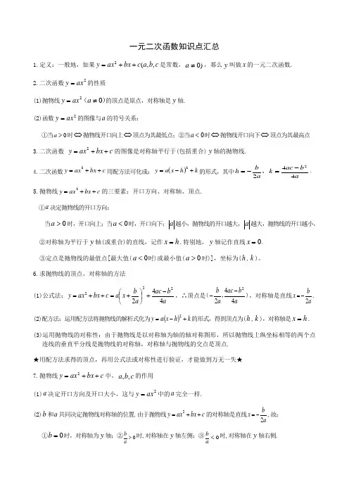 一元二次函数知识点汇总