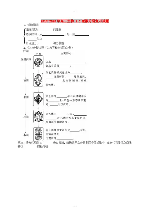 2019-2020年高三生物 2.1减数分裂复习试题