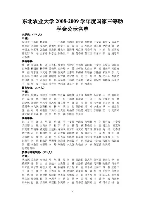 东北农业大学2008-2009学年度国家三等助学金公示名单