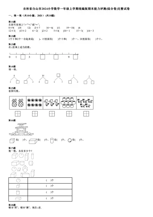 吉林省白山市2024小学数学一年级上学期统编版期末能力评测(综合卷)完整试卷