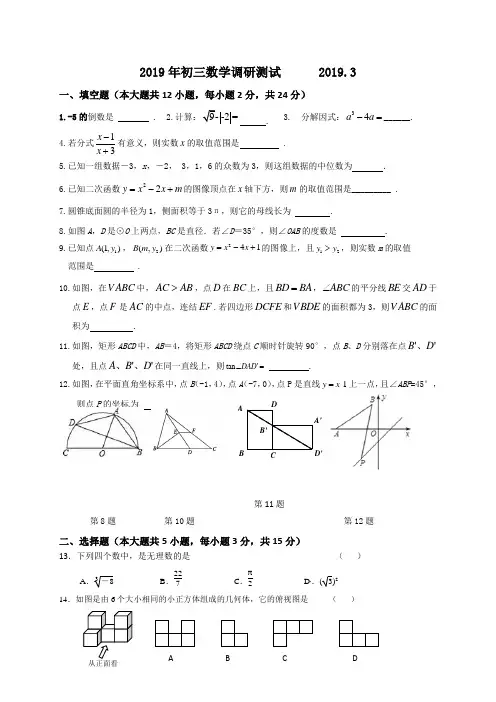 江苏省丹阳市吕城片2019届九年级下学期第一次调研考试数学试题(含答案)
