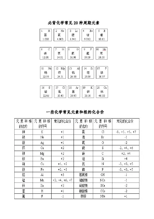 化学必背20种元素和化合价表(中考完善版)