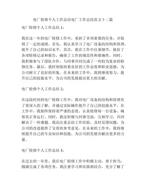 电厂检修个人工作总结电厂工作总结范文十二篇