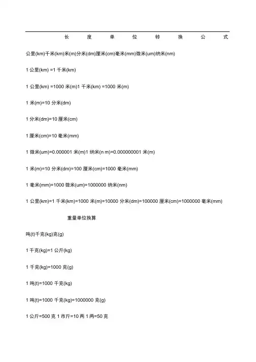 常用公式大全单位换算表)