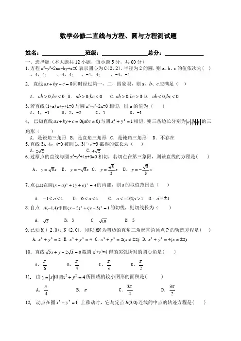 数学必修二直线与方程 圆与方程测试题