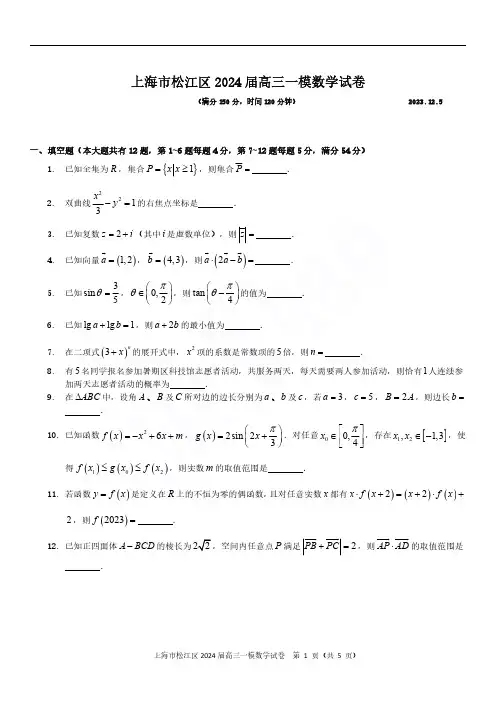 2024届上海市松江区高三一模数学试题及答案