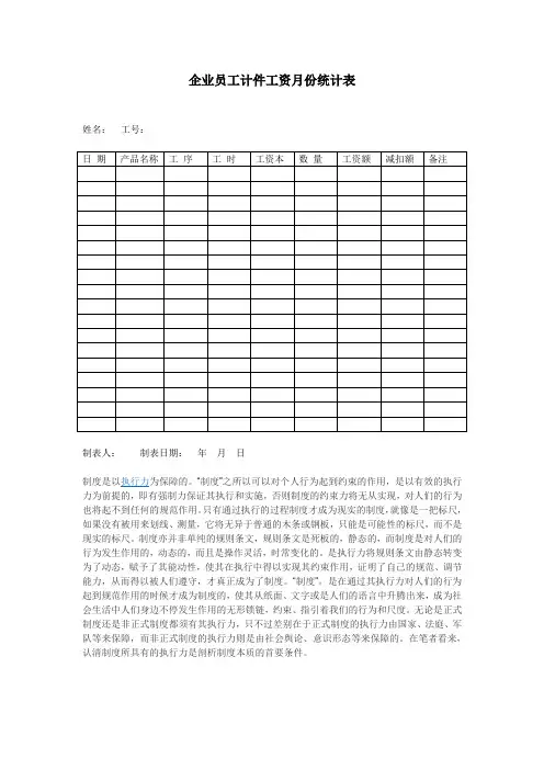 企业员工计件工资份统计表