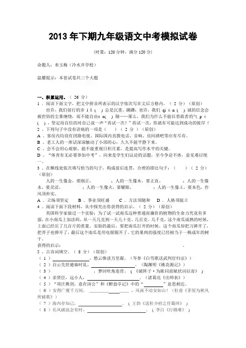 2013 年九年级语文模拟试卷