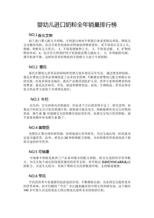 婴幼儿进口奶粉全年销量排行榜