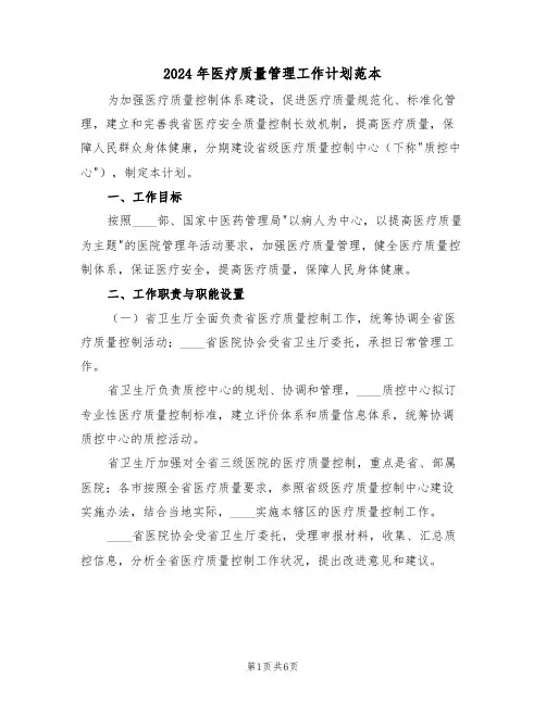 2024年医疗质量管理工作计划范本（二篇）