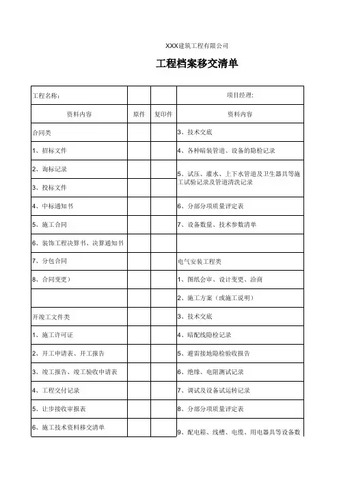 工程档案移交清单