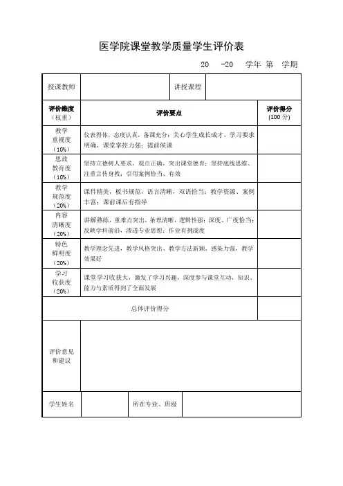 医学院课堂教学质量学生评价表