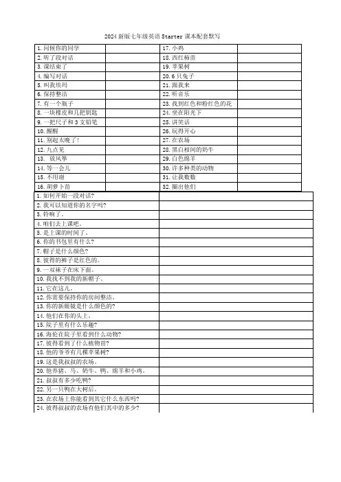 2024新版七年级英语Starter课本配套默写