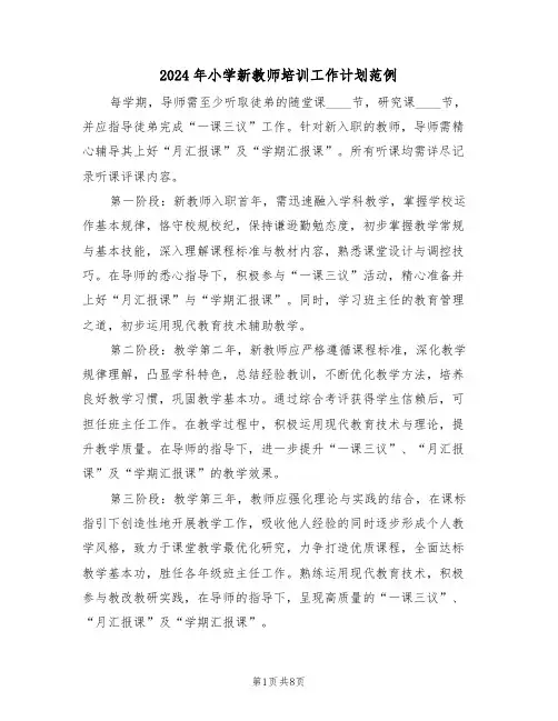 2024年小学新教师培训工作计划范例（三篇）