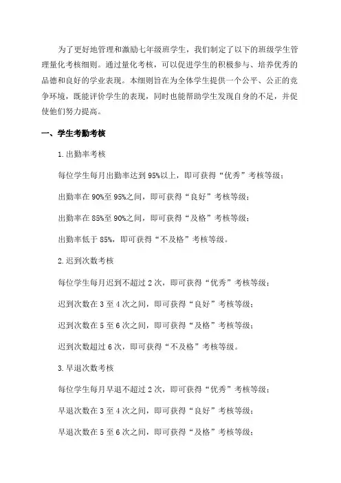 七年级班学生管理量化考核细则