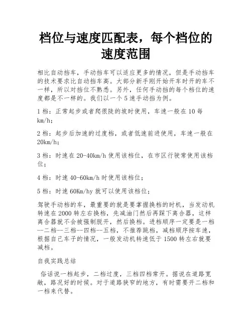 档位与速度匹配表,每个档位的速度范围 