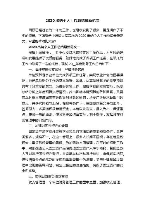 2020出纳个人工作总结最新范文