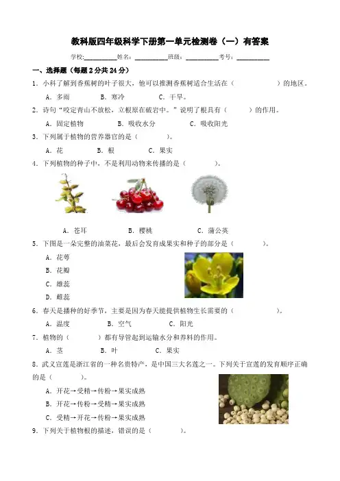 教科版四年级科学下册第一单元《植物的生长变化》检测卷(一)(含答案)