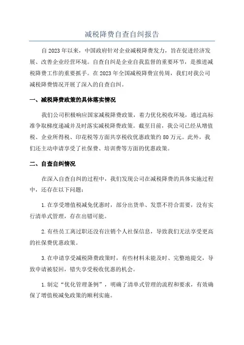 减税降费自查自纠报告