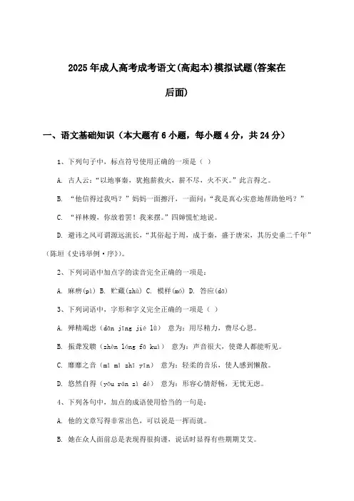 成人高考成考语文(高起本)试题及答案指导(2025年)
