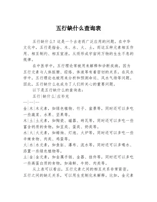 五行缺什么查询表