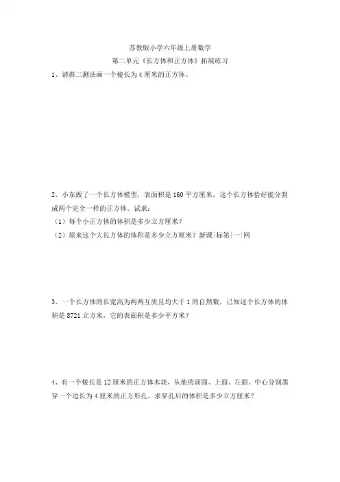 苏教版 小学六年级上册数学 第二单元《长方体和正方体》拓展练习