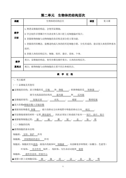 人教版七年级生物(上)第二单元生物体的结构层次复习教案