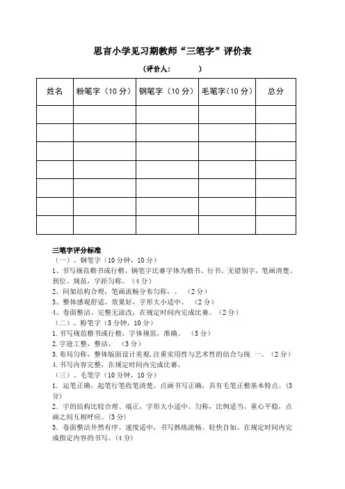 见习期教师“三笔字”评价表