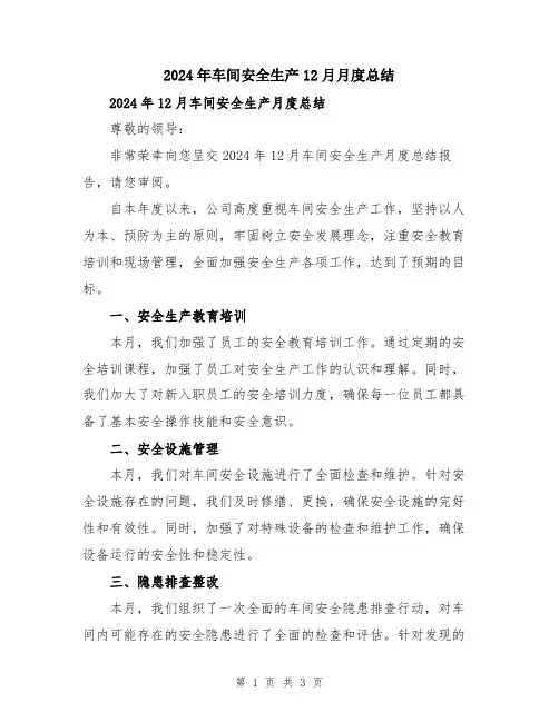 2024年车间安全生产12月月度总结