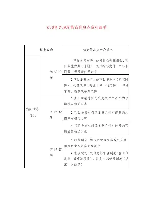 专项资金现场核查信息点资料清单