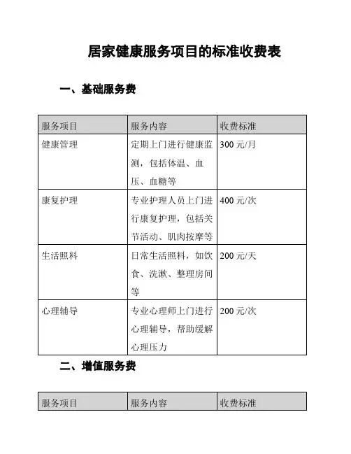 居家健康服务项目的标准收费表
